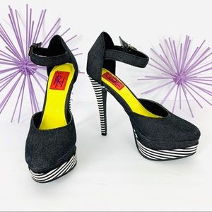 FRH /Black Jean Striped Double Platform Strap Heel